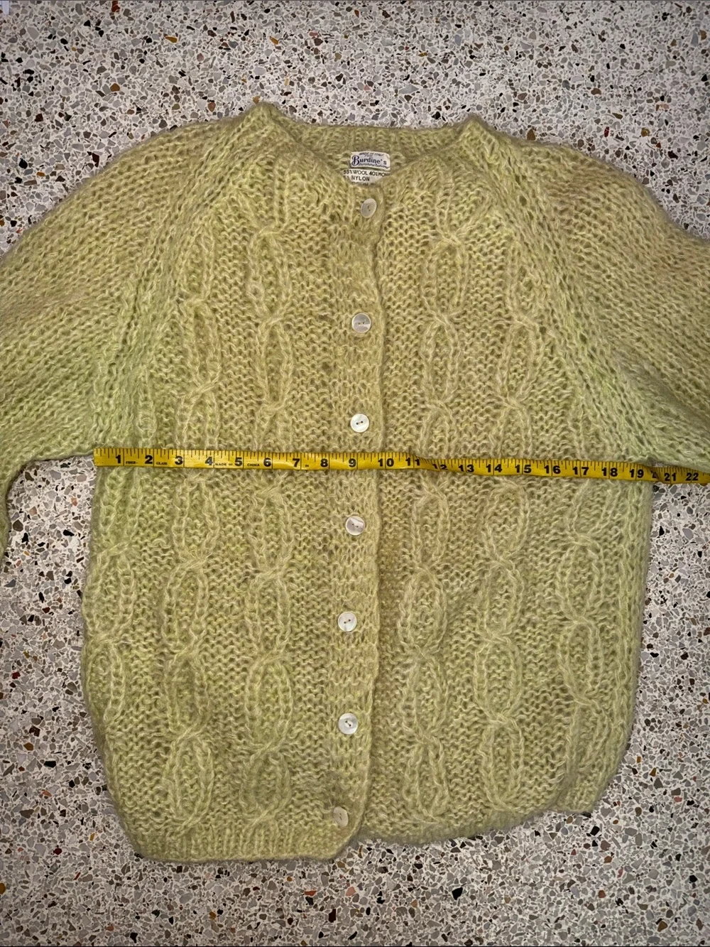 Vintage made in Italy wool mohair sweater cardigan green yellow Burdines Large L
